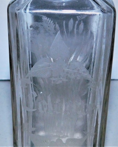 ANTIQUE ETCHED LARGE GLASS PERFUME COLOGNE BOTTLE WITH GLASS STOPPER 8 1/4