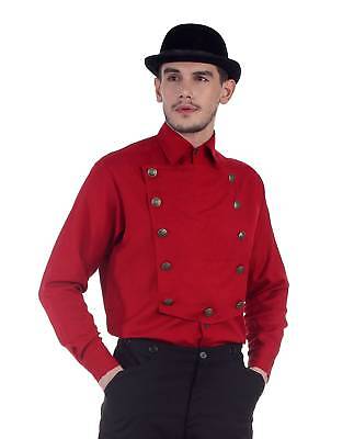 Men's Victorian Steampunk Airship Captain Red Costume Shirt Bib Front Buttons