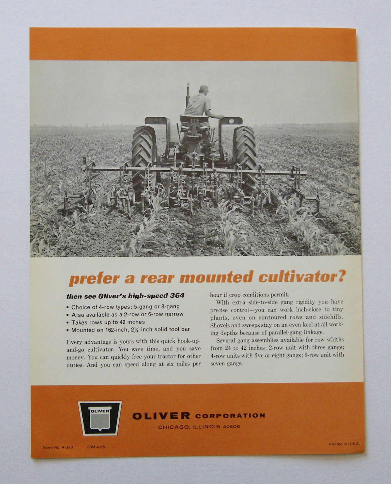 1965 Oliver 640 Front-Mounted 364 Rear-Mounted Cultivator Brochure 1650 Tractor