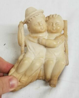 Antique Americana Folk Art Carved Fragment Marble Albaster Children Swing
