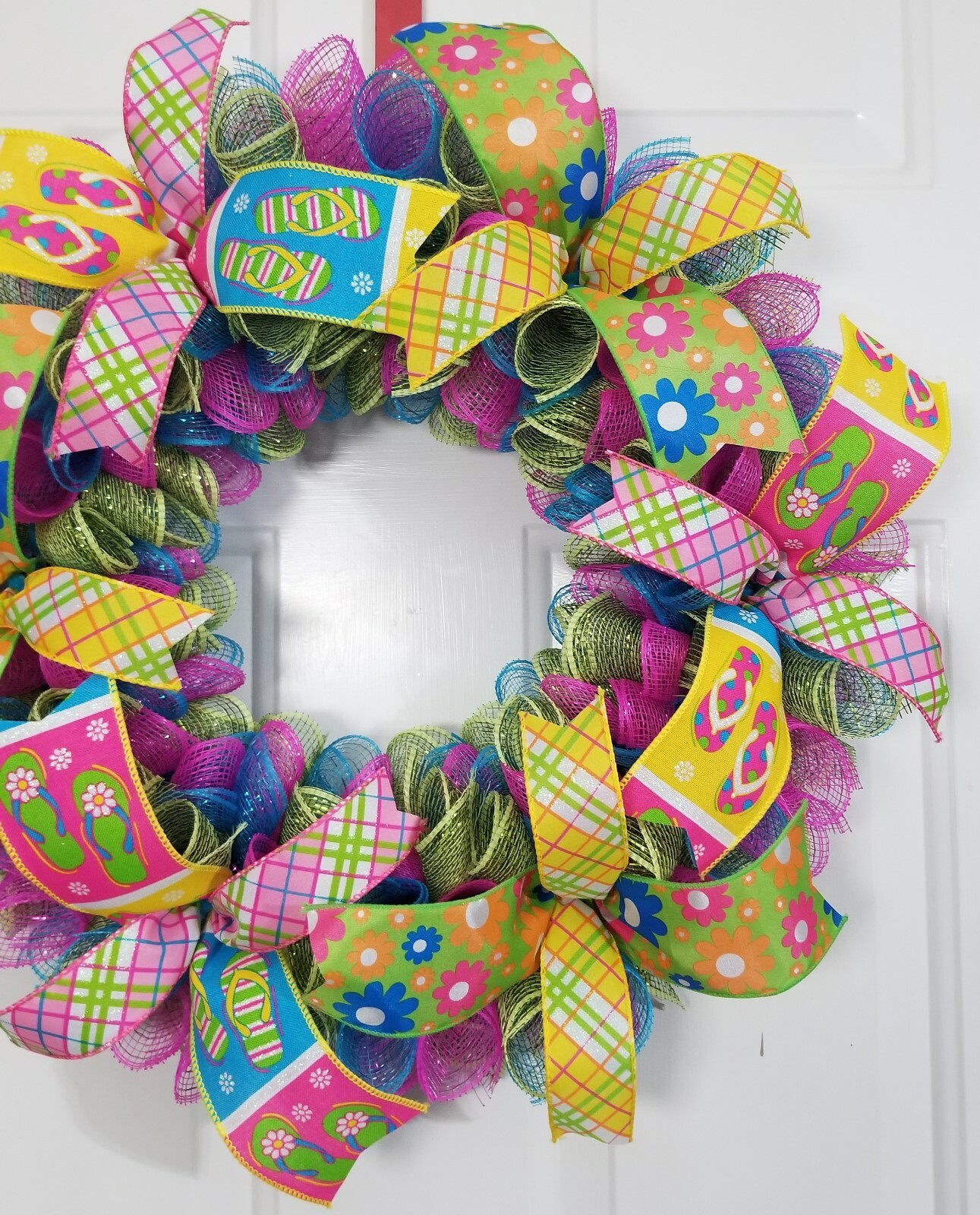 Spiral Pink Blue Spring Summer Theme Flower Flip Flops Ribbon Deco Mesh Wreath