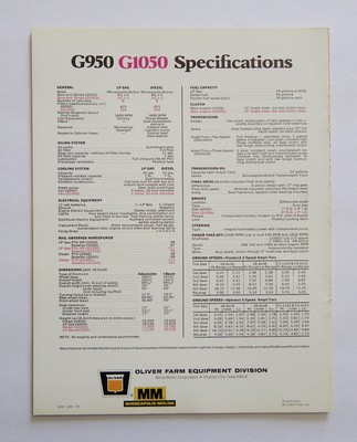 1972 Minneapolis Moline Model G950 G1050 Tractor Brochure LP Gas Diesel