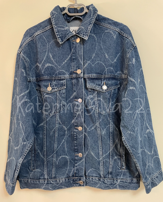ZARA NEW WOMAN SS23 NAVY BLUE DENIM TRF JACKET WITH HEARTS REF