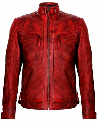 Mens Vintage Red Retro Casual Coat 100% Real Leather Quilted Racing Biker Jacket