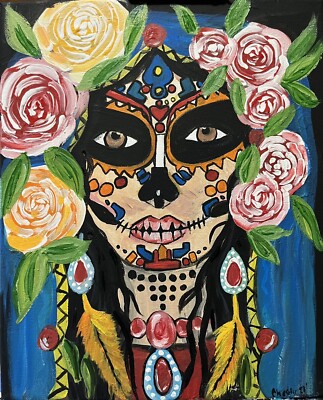 12x9  Stretched canvas Acrylic Painting of Day Of The Dead Girl Original - OOAK