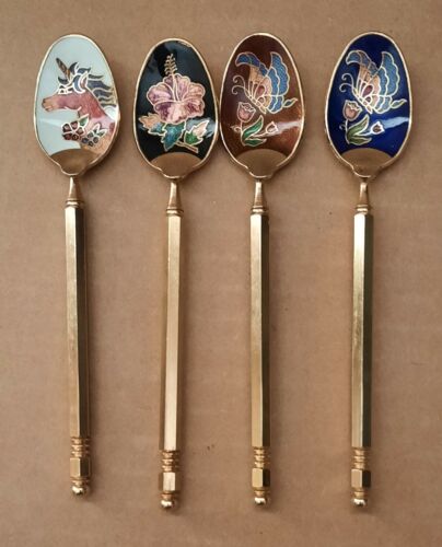 Spoons Set of FOUR Brass and Enamel Demitasse Coffee 