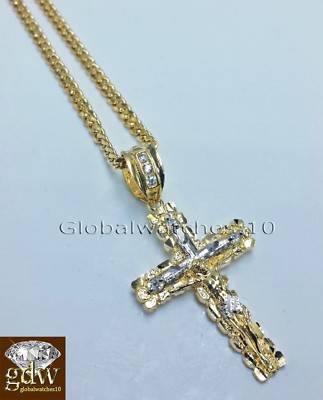 Pre-owned Globalwatches10 10k Yellow Gold Jesus Cross Charm Pendant 26" Miami Cuban Chain Necklace