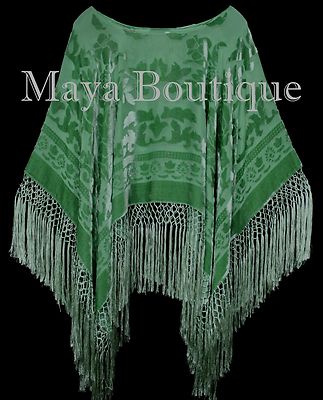Pre-owned Maya Matazaro Green Silk Burnout Velvet Poncho Fringe Top Shawl Hand Dyed
