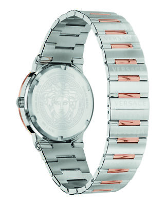 Pre-owned Versace Womens Greca Logo Two Tone 41mm Bracelet Fashion Watch