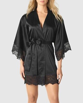 NEW LA SENZA BLACK SATIN KIMONO ROBE-LACE TRIM LINGERIE- SIZE L-XL $49.95