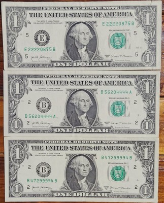 LOT OF 3 FANCY SERIAL NUMBERS $1 DOLLAR BILLS ALL QUADS