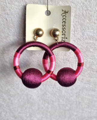 ACCESSORIZE,  GOLD TONE, PINK SILK WRAPPED DOOR KNOCKER EARRINGS ~ SW20