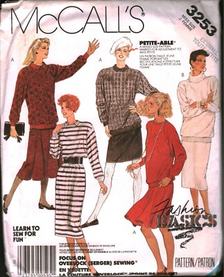 3253 Vintage McCalls SEWING Pattern Misses 1980s Dress Top Skirts Stretch Knit