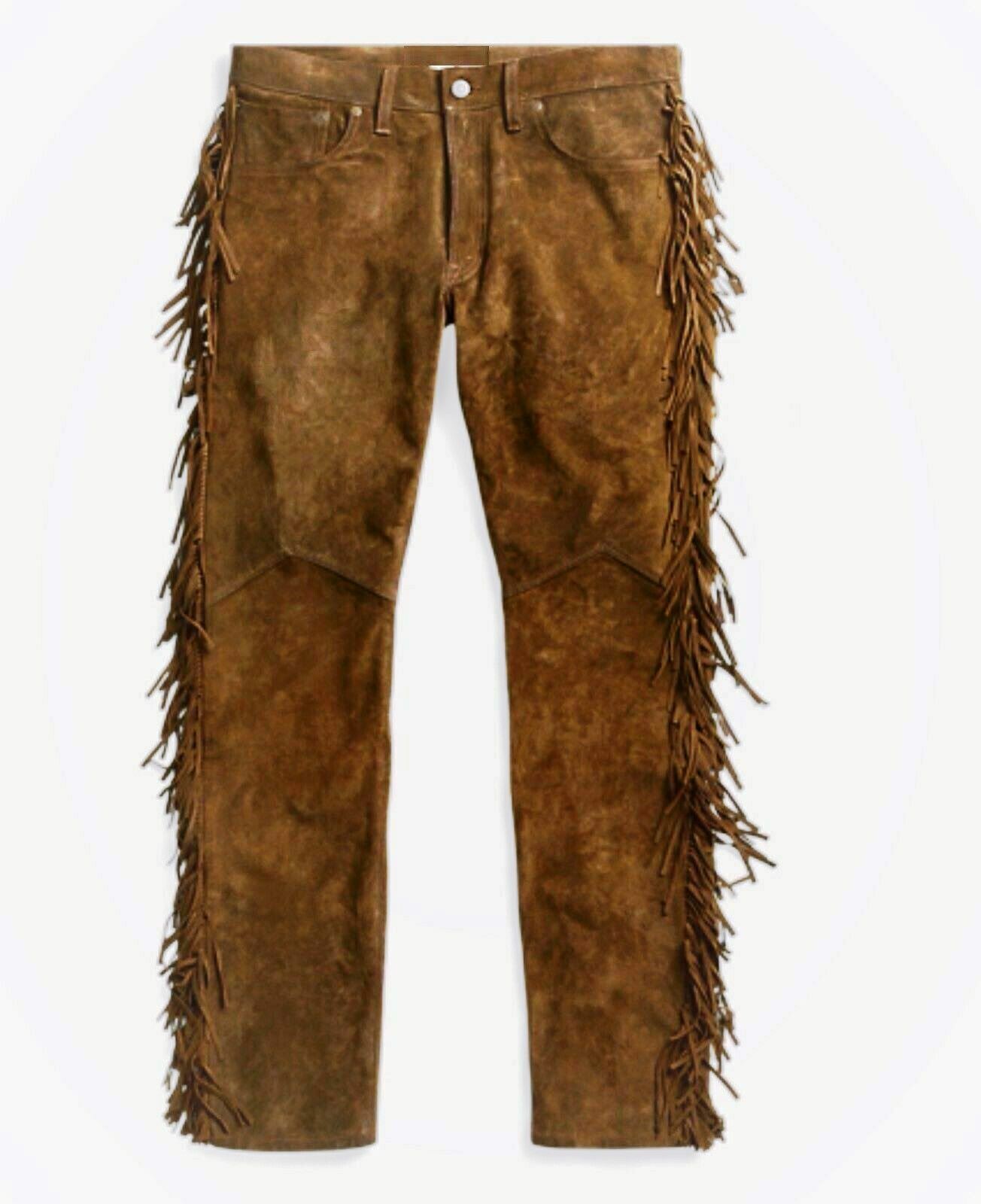 Pre-owned Handmade Mens Western Cowboy Brown Suede Leather Mountain Man Fringes Shirt & Pant Wst114