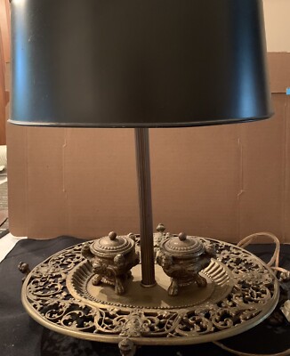 Massive Antique Brass Stacked Bubbles Table Lamp on a Square Weighted Base w a Double Arm Light Cluster /& Sculptured Linen Lamp Shade