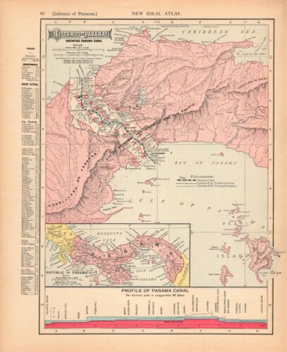 1908 Antique PANAMA CANAL Map Vintage Isthmus Of Panama Map Original 9698