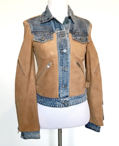 Pre-owned Allsaints Curtis Denim & Suede Leather Jacket Retail $725 Price $335 Size 0 In Sand Tan And Blue