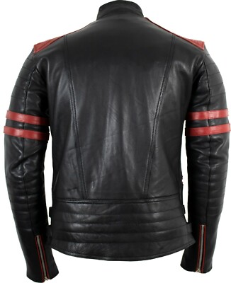 MDM RETRO MOTORRAD LEDERJACKE 80´S OLDSCHOOL IN SCHWARZ / ROT PROTEKTOREN ROCKER