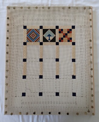 Vintage Started Embroidery with Frame.    Sampler to Look Like a Quilt. Folk Art