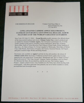Carmine Appice Ultimate Guitar Zeus 2006 album cd Press Release Promo Kit