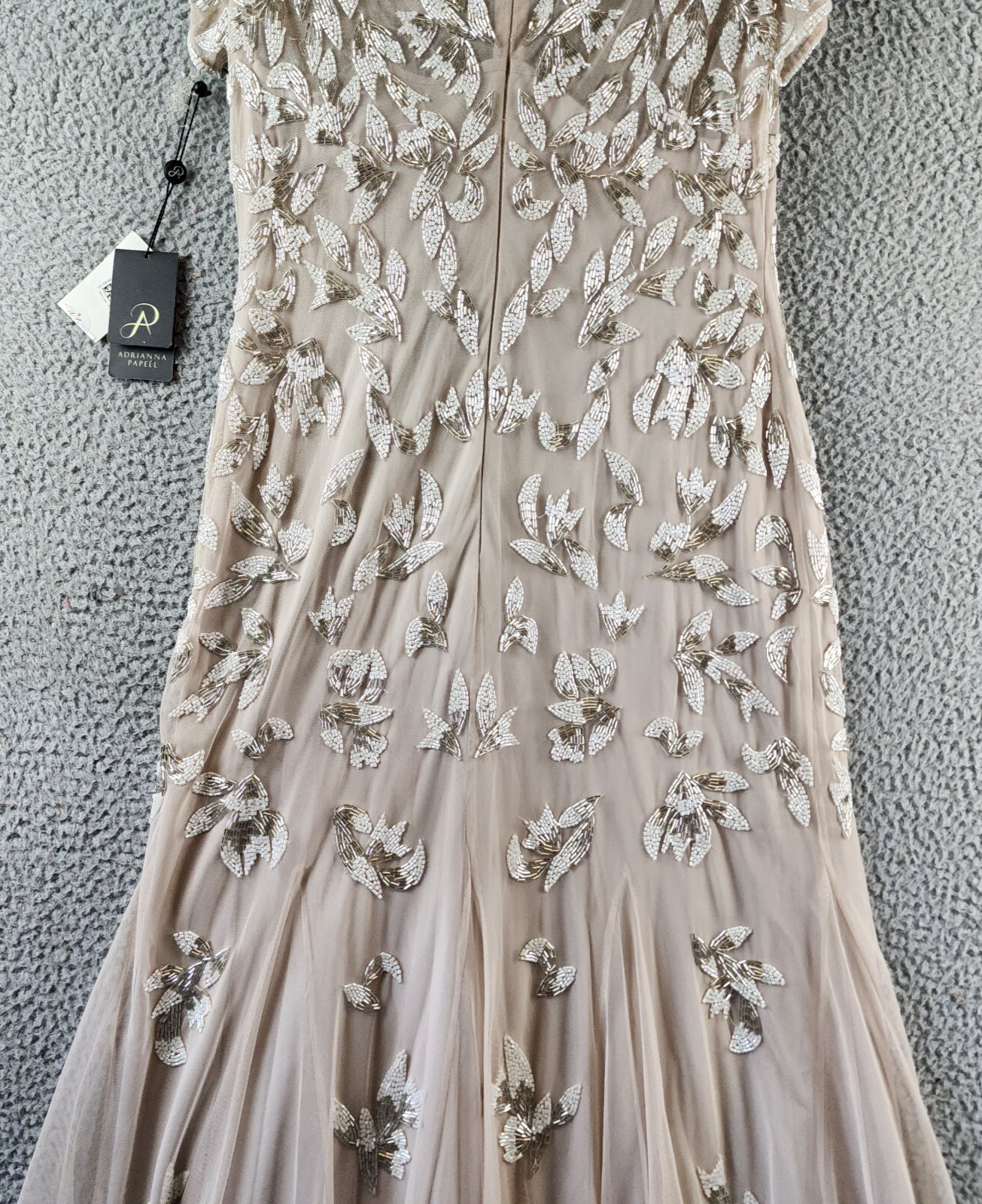 Adrianna Papell Beaded Godet Gown Women's 10 Beige V-Neck Hook & Eye Closure S/S - Picture 21 of 24