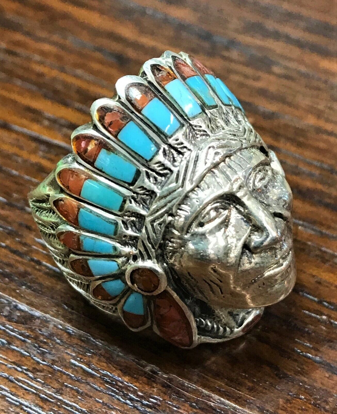 Heavy Mens Chief Head Vintage Native American Navajo Turquoise Sterling Silver Ring Heavy Mens Chief Head Vintage Native American Navajo Turquoise Sterling Silver Ring