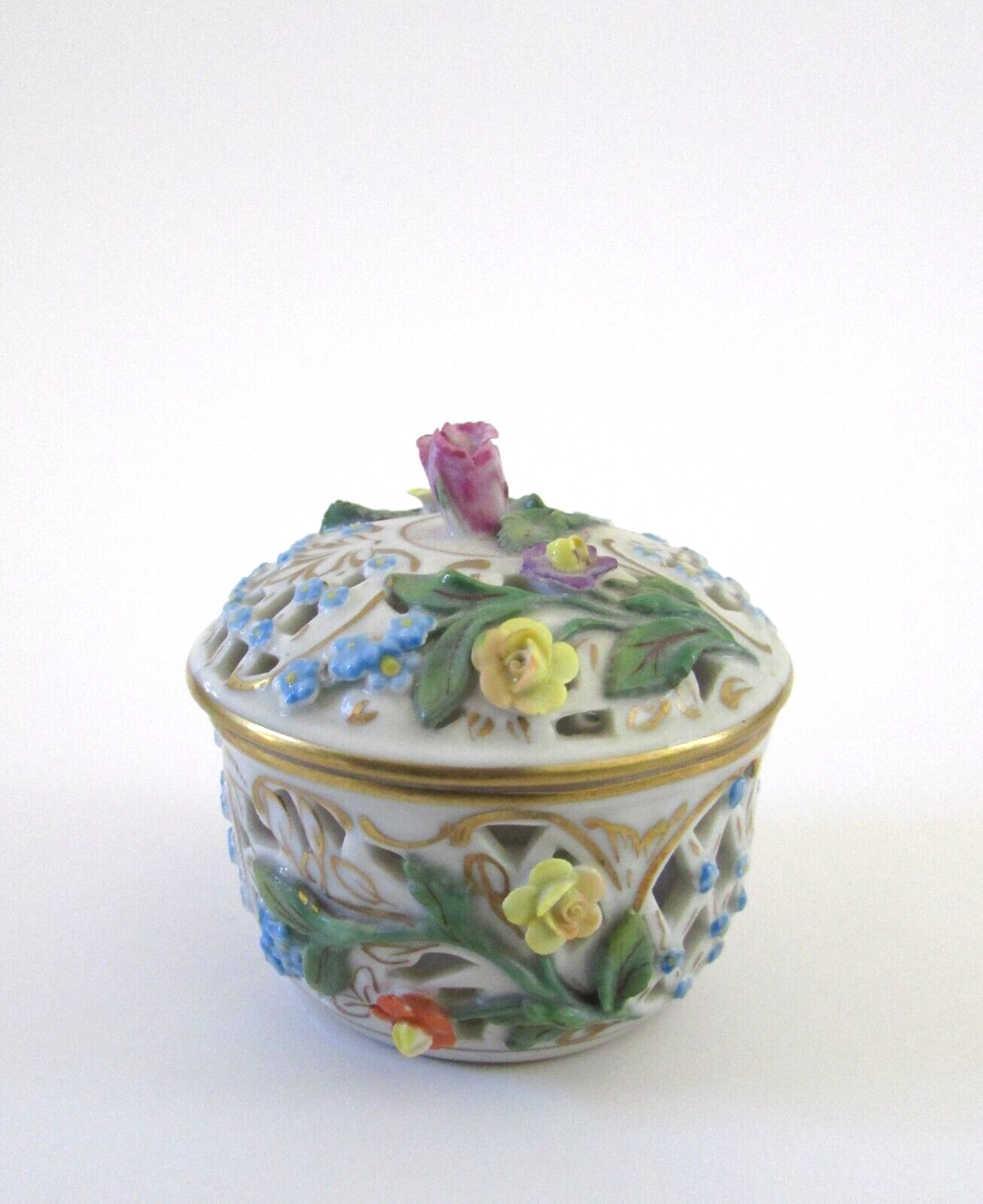 Dresden Porcelain Floral Encrusted Pot Carl Thieme Reticulated