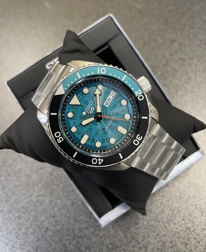 Pre-owned Seiko 5 Automatic Teal Transparent Dial Steel Bracelet Men's Watch Srpj45 Japan