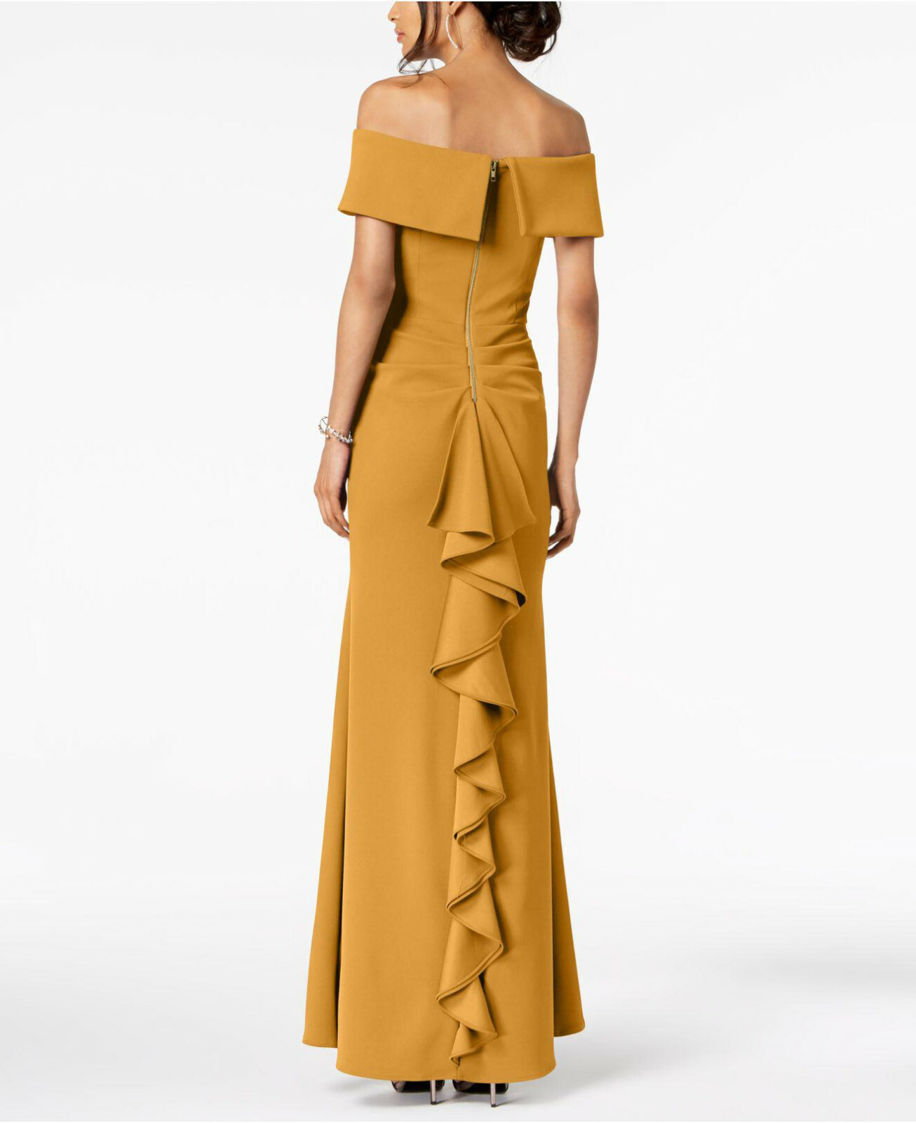 betsy and adam ruffled back off the shoulder gown