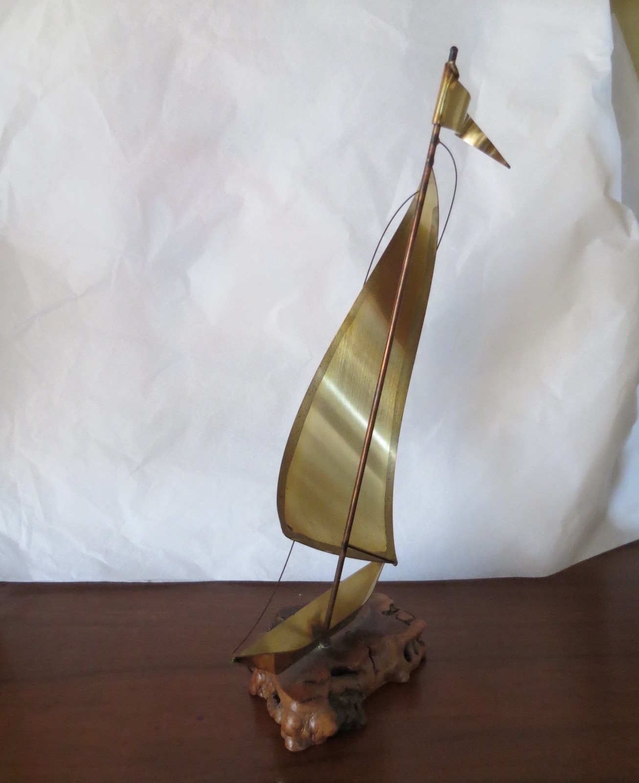Vtg Brass Sailboat on Driftwood Nautical Sculpture MCM Jere Era Table top