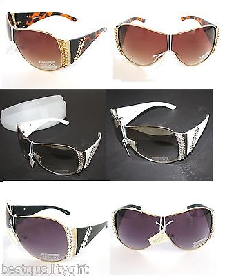 NEW BLACK HAND MADE CRYSTAL ACCENT 100% UV SHIELD SUNGLASSES+CASE-WHITE