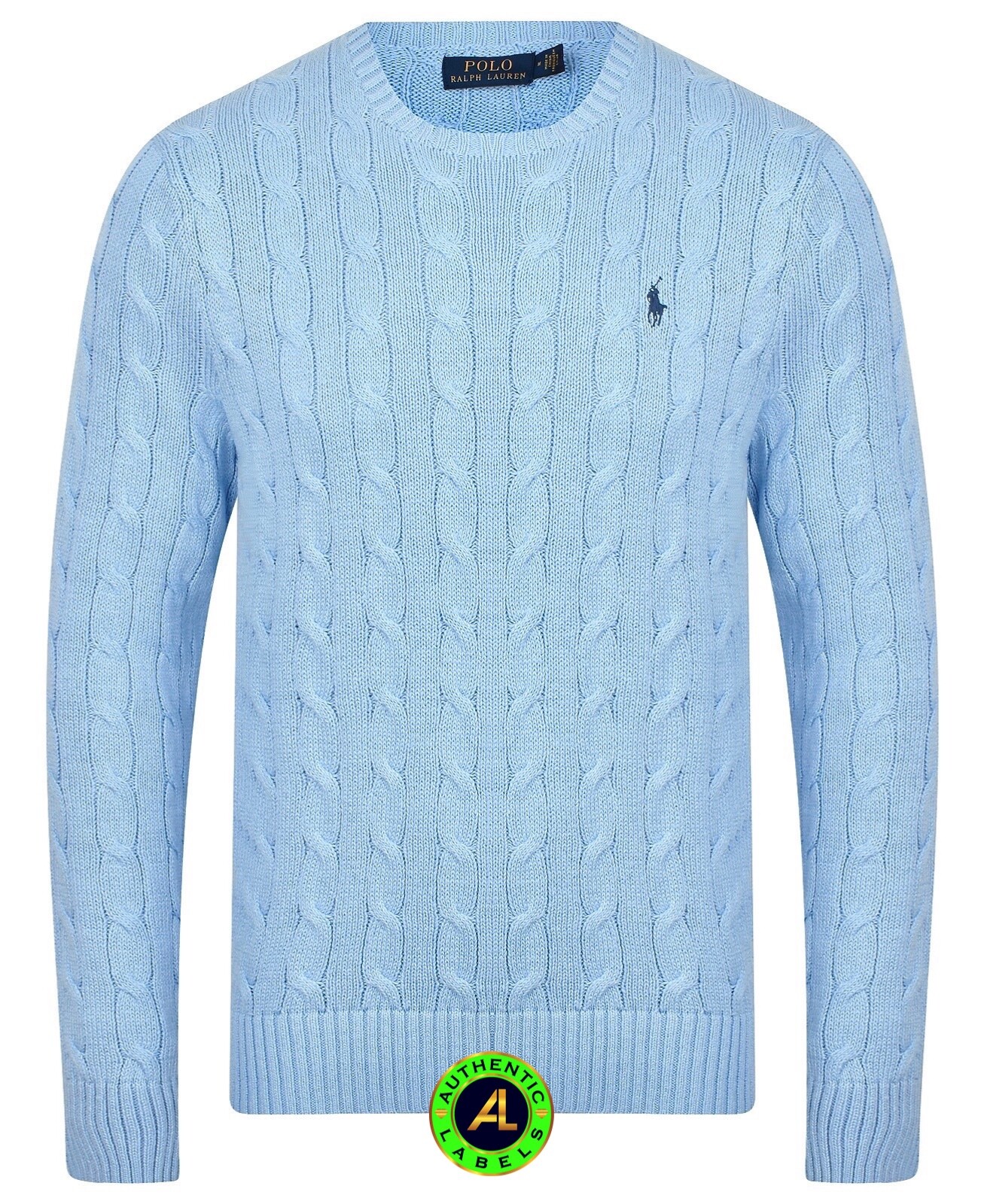 RALPH LAUREN POLO Mens Cable Knit Crew Cotton Light Blue Jumper Medium RRP £179