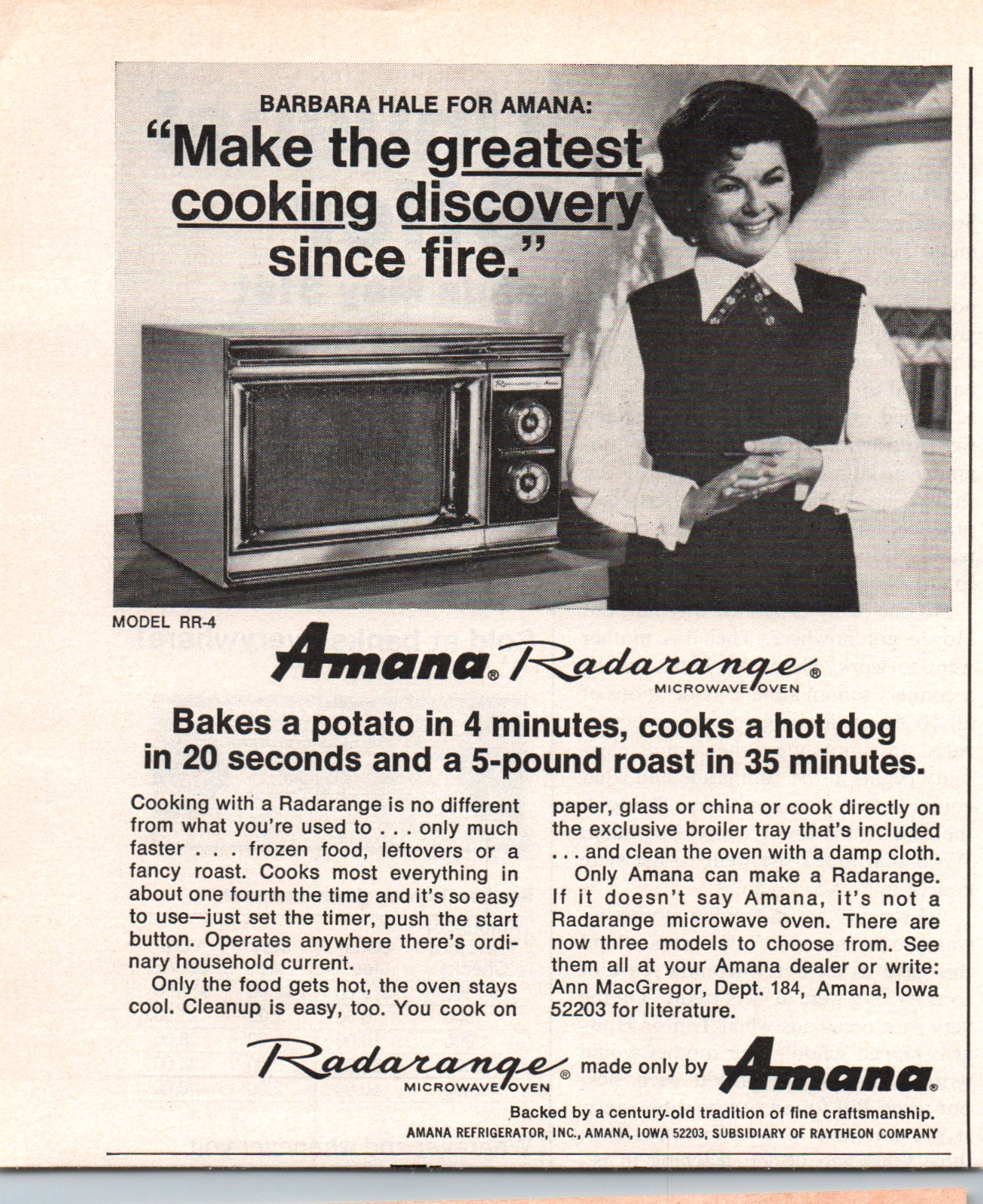 Amana Radarange Microwave Oven 70s Vintage Black and White Print Ad Wall Art