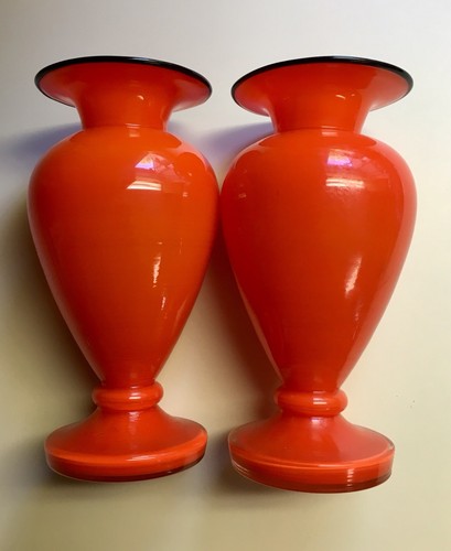 2- ART DECO Made in Czechoslovakia Tango Red Glass With Black Rim 6 1/2” Vases.