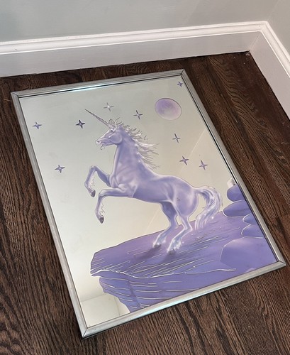Vintage 1980's Unicorn Mirror Purple Horse Stars Moon Retro