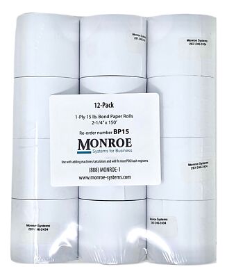 Monroe Calculator Paper Rolls, 15 lb Bond Paper, 2 1/4'' x150', Pack of 12 Rolls