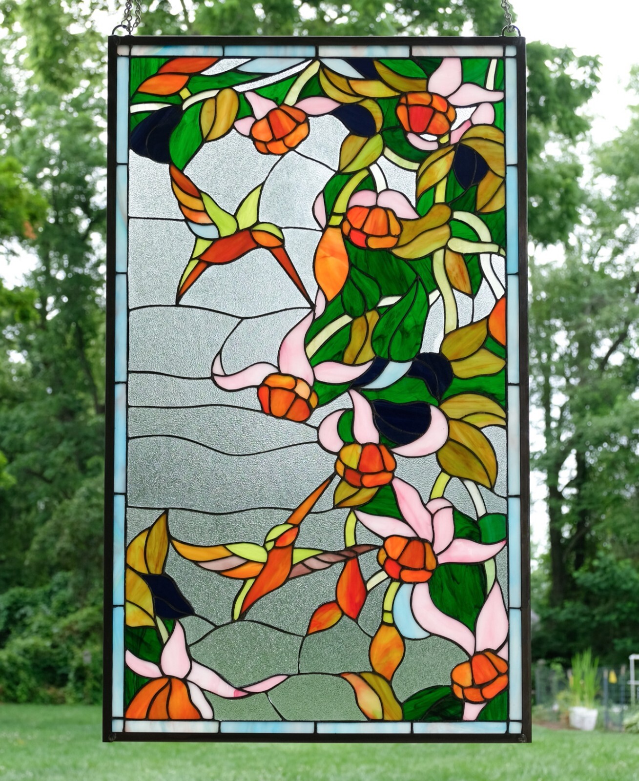 20.5" x 34.75" Handcrafted stained glass window panel Hummingbirds WL-043044208