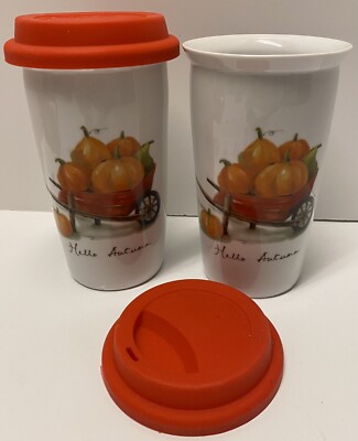 Pier 1 Imports Hello Autumn Pumpkin Porcelain Travel Mugs 12 Oz Set Of 2 Fall