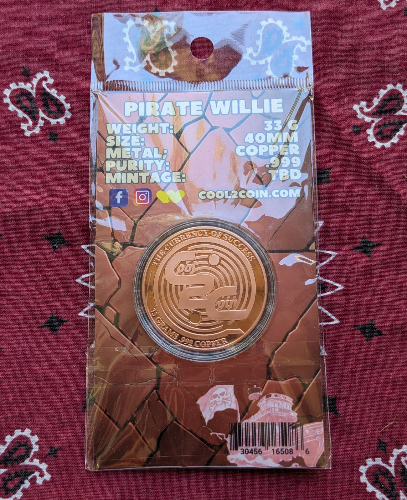 Cool2coin's 33.5g Pirate Willie 999 Copper round  Only 10k Minatge!!!!   Mickey