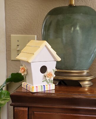 Glazed Ceramic 2-Pc Yellow BIRDHOUSE With Dafodil Motif, 6'' Tall, New Very Cute!