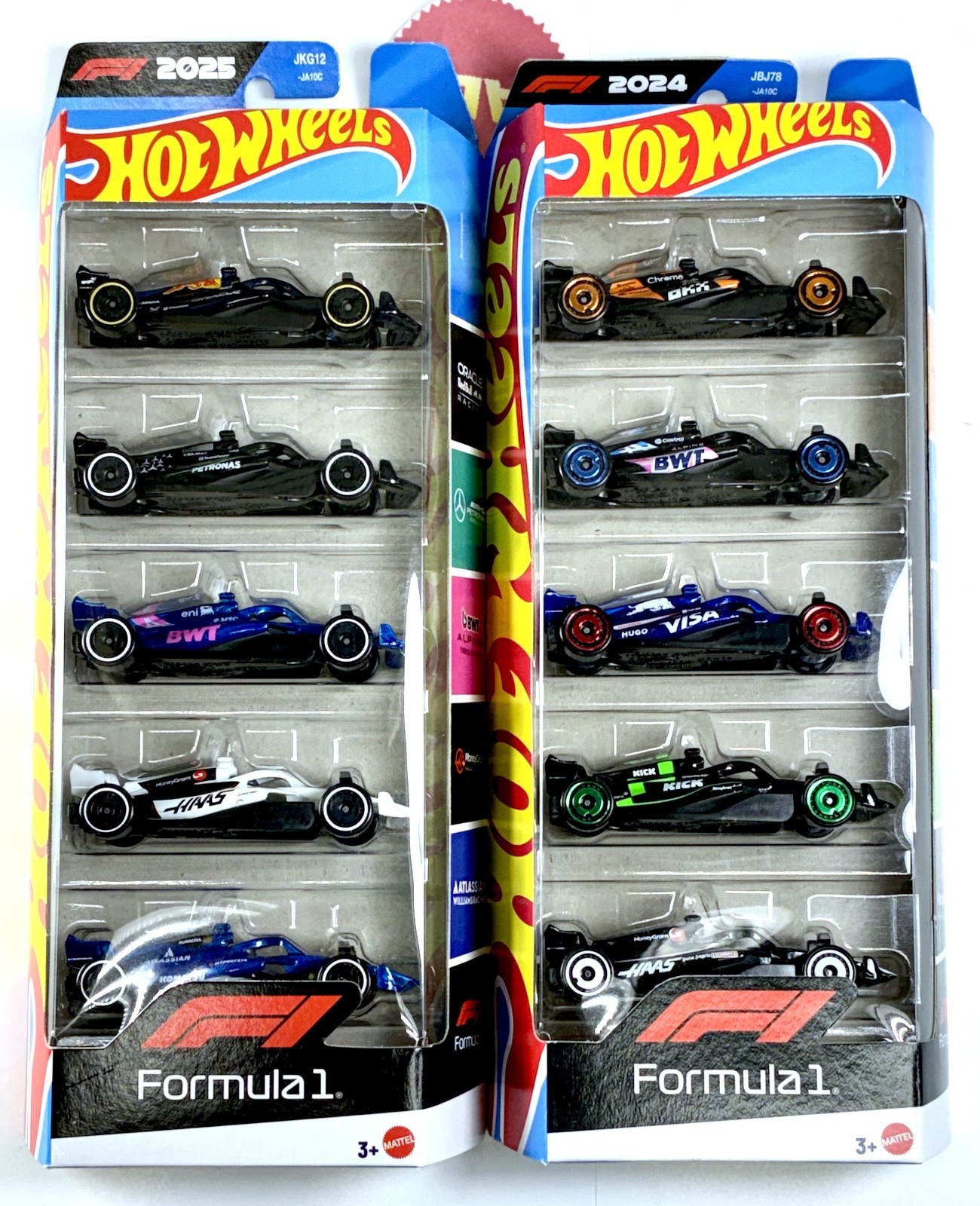 2024 & 2025 Formula 1, Hot Wheels 5 packs, Red Bull, Haas, Petronas, Padded Env.