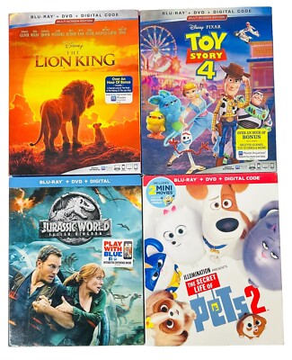 4 Blu-Ray + DVD + Digital Movies Lion King, Toy Story 4, Pets 2, Jurassic World