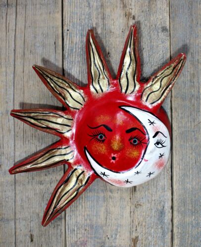 Sun & Moon Face Coconut Mask Handmade Hand Painted Guerrero Mexico Folk Art