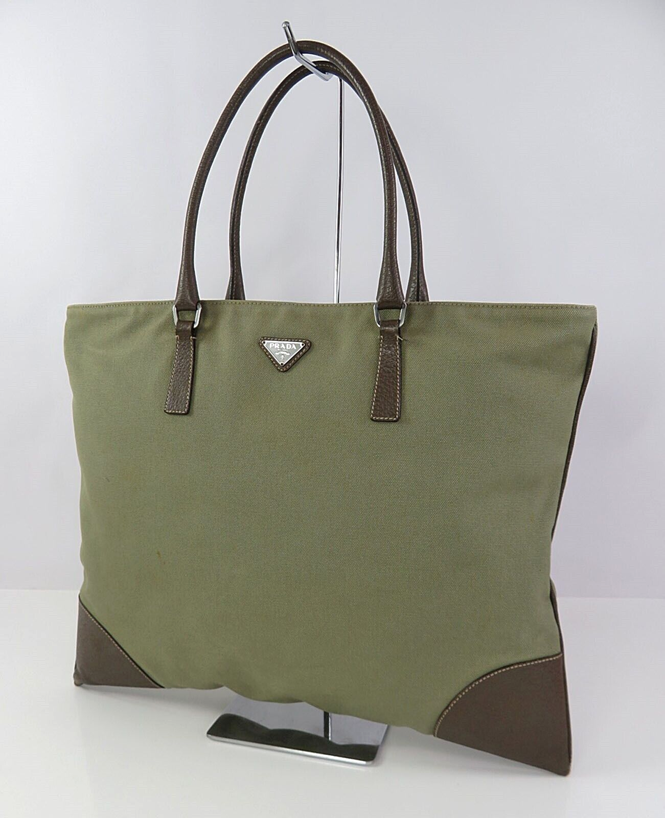 Auth PRADA Green Canvas and Brown Leather Tote Bag Purse #58885 | eBay