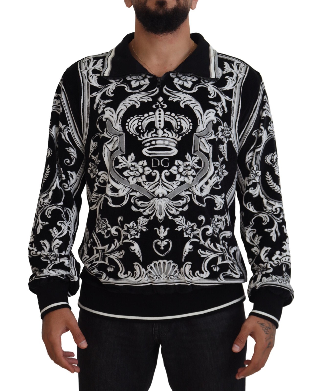 

DOLCE - GABBANA Свитер, черный хлопковый пуловер с принтом и воротником IT52/US42/ 970usd