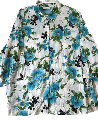 Sag Harbor Floral Blouse White Turquoise Button Up Summer Casual Career 3X