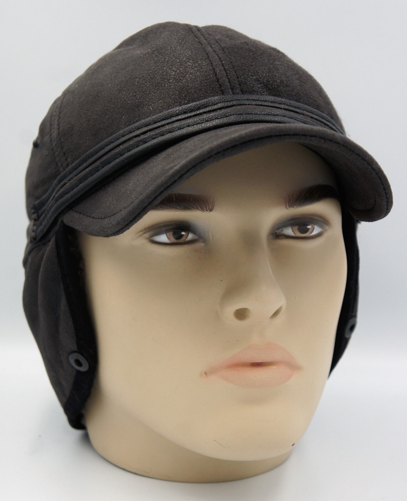Real Sheepskin Shearling Leather Aviator Hat Trapper Hunting S-3XL, CHARCOAL