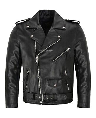 Mens Brando Leather Jacket Motorcycle Black Cowhide Marlon Biker Jacket
