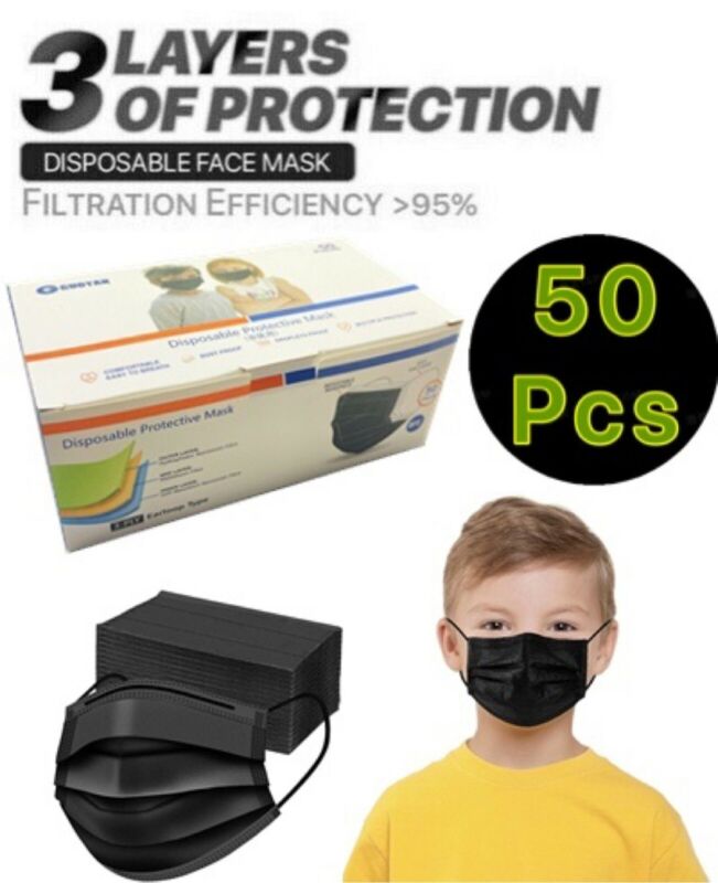 50 Pcs Black Kids Face Mask Mouth & Nose Protector Respirator Masks Usa Seller