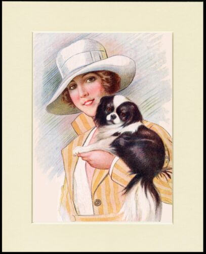 JAPANESE CHIN PRETTY LADY AND LITTLE DOG LOVELY PRINT MOUNTED READY TO FRAME
